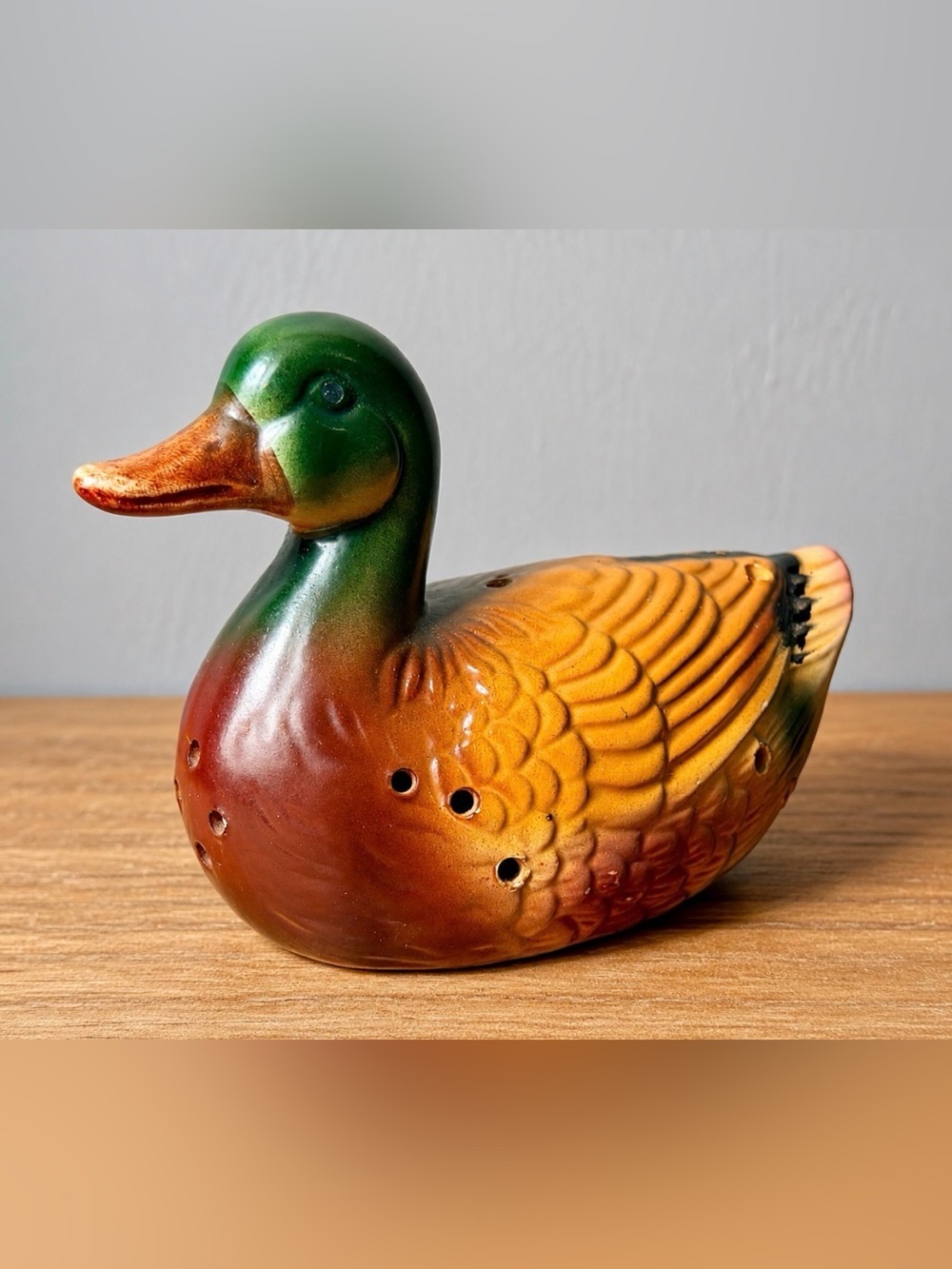Vintage Ceramic Mallard Duck Flower Frog Figurine Floral Arranger